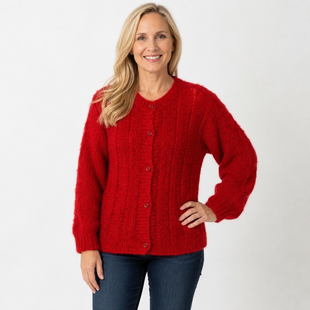 Vintage‎ Handmade Red Fuzzy Knit Cardigan Sweater Button Front No Size Women's